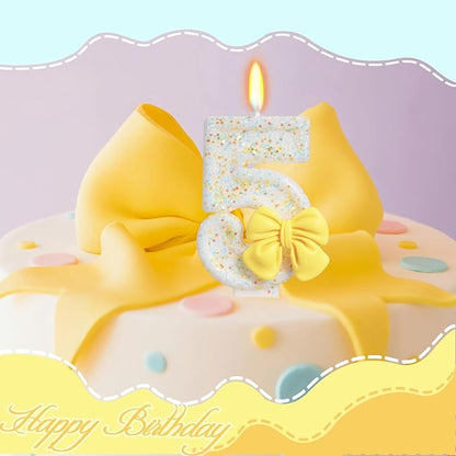 Birthday Candle for Cake, Yellow Bow Cake Candles, Cake Topper Decoration for Birthday Party (Number 5)
