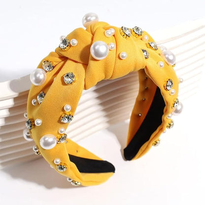 JILIYUPA Pearl Rhinestone Tweed Headband, Green and Yellow, Sparkle Luxury Vintage Embellished Hairband for Women and Girls, 2 Count