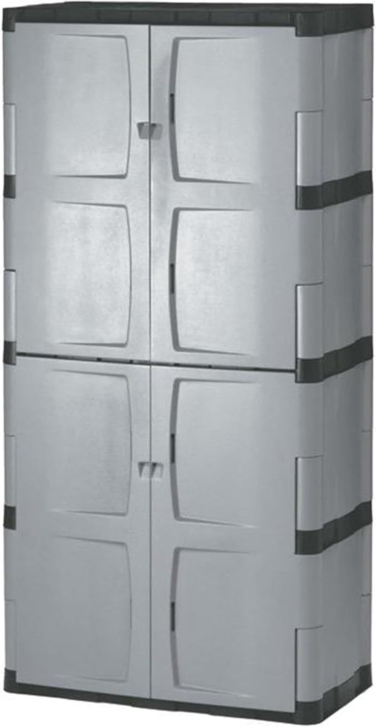 Rubbermaid Freestanding Storage Cabinet Five Shelf with Double Doors Lockable Large 690-Pound Capacity Gray For Garage/Outdoor Garden Tools/Toys/Power Tools/Pool Accessories Grey