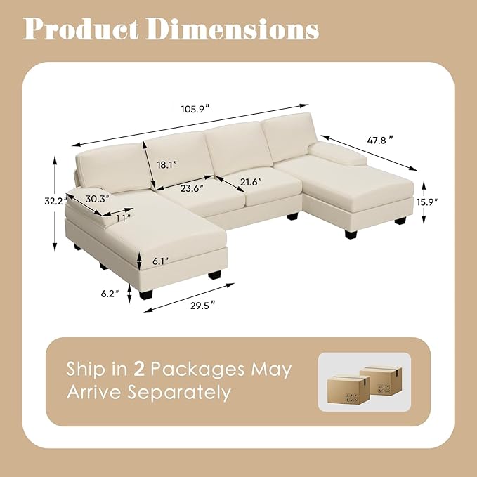 Furniwell Convertible Sectional Sofa Couch, 4 Seat Sofa Set for Living Room U-Shaped Modern Fabric Modular Sofa Sleeper with Double Chaise & Memory Foam (Fabric, White)