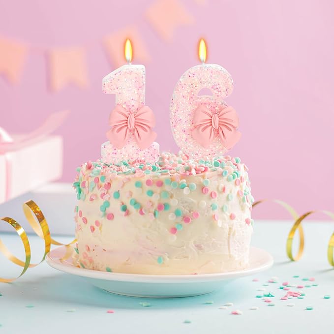 Birthday Candle for Cake, Pink Bow Number Cake Candles, 2.76 inch Number Happy Birthday Candle, Cake Topper Decoration for Birthday Party (Number 16)