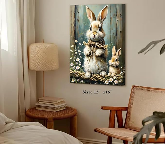 Farmhouse Rabbit Wall Art,Bunny Easter Flower Wall Decor Framed Canvas Wall Art,Vintage Rabbit Prints,Rustic Bunny Spring Wildflower Wall Decor for Living Room Farmhouse Dorm(12"x16")