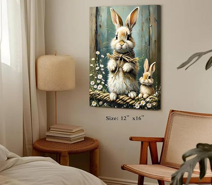 Farmhouse Rabbit Wall Art,Bunny Easter Flower Wall Decor Framed Canvas Wall Art,Vintage Rabbit Prints,Rustic Bunny Spring Wildflower Wall Decor for Living Room Farmhouse Dorm(12"x16")