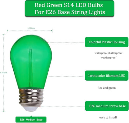 Jslinter Colored String LED Light Bulbs - 1 watt Plastic Outdoor Indoor S14 Bulbs for Christmas String Light Replacement - Shatterproof - E26 Base - 24Pack - Red/Green