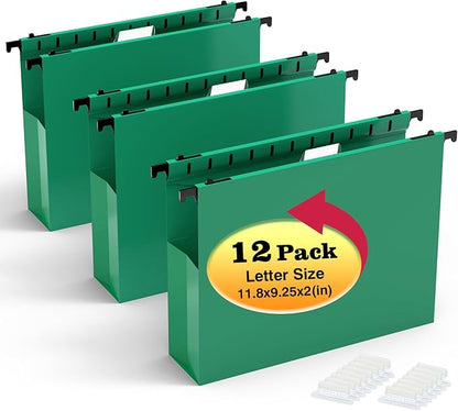 Extra Capacity Plastic Hanging File Folders,12 Pack Reinforced Expanding Hang Folder Letter Size,Accordian Pocket,Heavy Duty 2 Inch Expansion,Hanging Folder Organizer for Office Home,Green