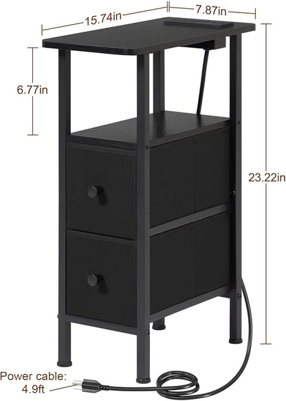 Narrow Nightstand with Charging Station, End Tables Living Room Set of 2, Skinny Side Table with Fabric Drawers, Slim Sofa Table for Bedroom, Small Spaces, Couch, Black, HETNDP02BK