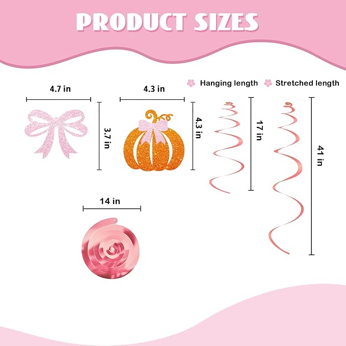 30pcs Pink Bow Pumpkin Hanging Swirls, Little Pumpkin Hanging Decoration for Girl, Thanksgiving Baby Shower Foil Ceilling Decor, Autumn Fall Gender Reveal Party Favors - Orange Glitter