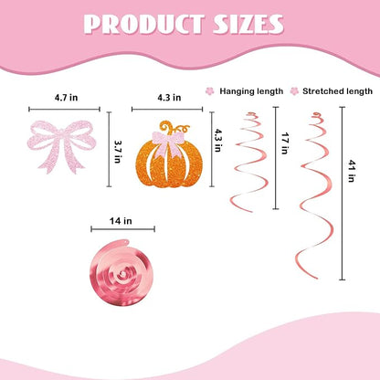 30pcs Pink Bow Pumpkin Hanging Swirls, Little Pumpkin Hanging Decoration for Girl, Thanksgiving Baby Shower Foil Ceilling Decor, Autumn Fall Gender Reveal Party Favors - Orange Glitter