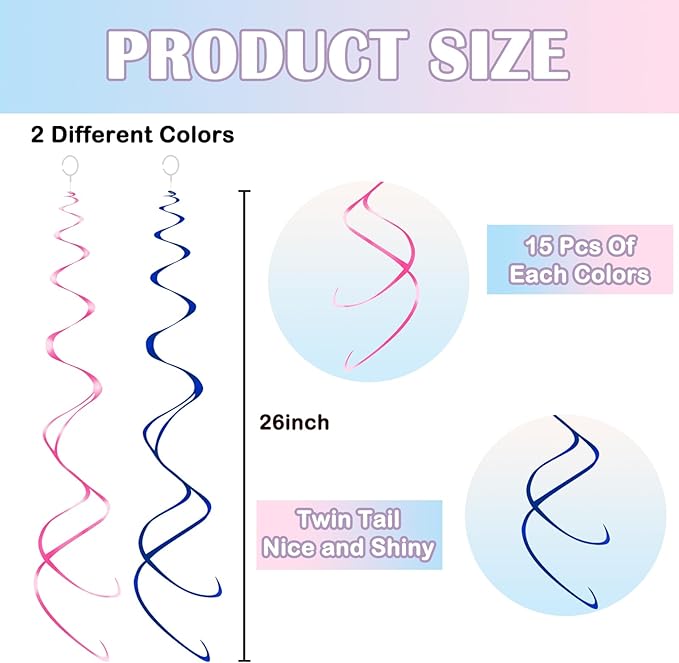 30pc Hanging Swirl Decorations Pink and Blue Swirl Streamers Party Decorations for Baby Shower, Birthday Party