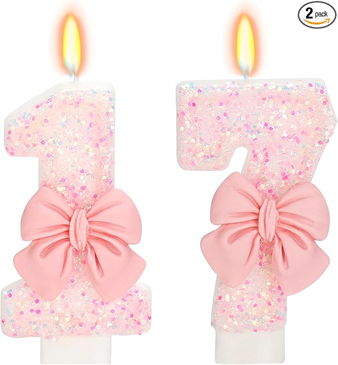 Number 17 Pink Bow Birthday Candle, 3" Tall, Smokeless, Non-Toxic, Modern Style, Celebration Decoration
