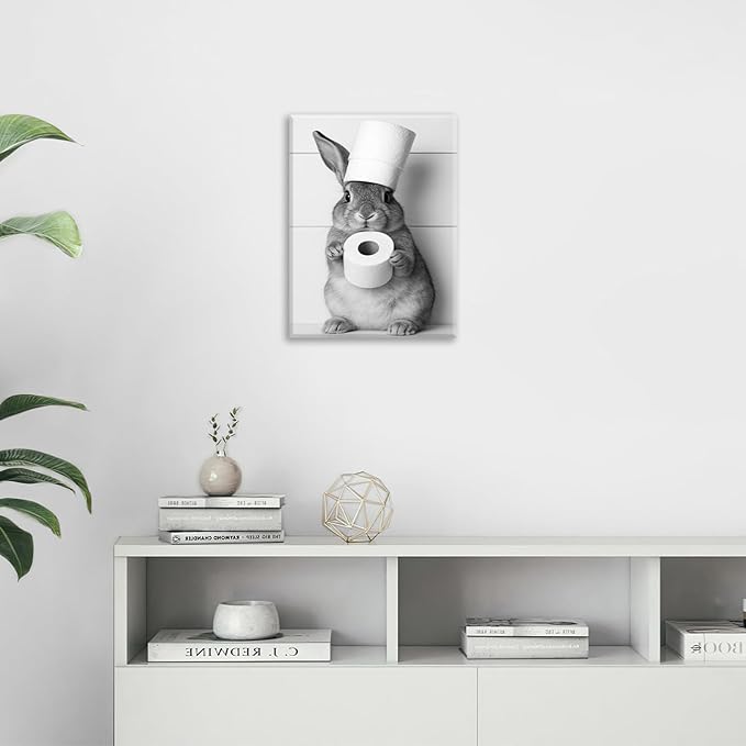 Bunny Bathroom Wall Art, Rabbit Pictures Wall Decor, Animal Canvas Prints Painting, Framed Artwork For Bathroom Living Room Bedroom Office Dining Room 24"X20"