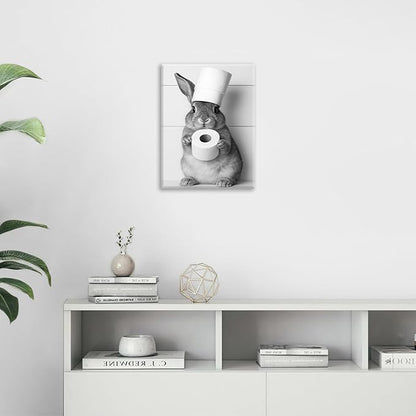 Bunny Bathroom Wall Art, Rabbit Pictures Wall Decor, Animal Canvas Prints Painting, Framed Artwork For Bathroom Living Room Bedroom Office Dining Room 24"X16"