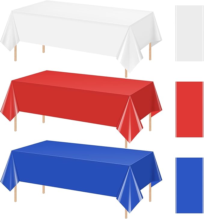 3 Pack 4th of July Tablecloths, Red White and Blue Disposable Plastic Tablecloth, Rectangle Table Cover for Patriotic Independence Day Memorial Day Veterans Day Party Decorations, 54 x 108 Inch