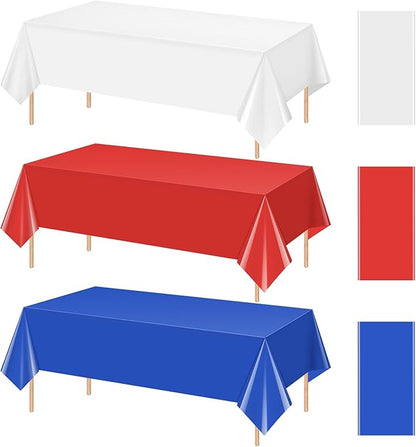 3 Pack 4th of July Tablecloths, Red White and Blue Disposable Plastic Tablecloth, Rectangle Table Cover for Patriotic Independence Day Memorial Day Veterans Day Party Decorations, 54 x 108 Inch