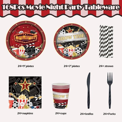 168Pcs Movie Night Party Supplies Movie Theme Birthday Decorations Include Movie Star Plates and Napkins Cups Straws Cutlery Serve 24, Disposable Party Snack Tableware