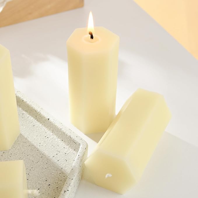 6PCS Hexagon Beeswax Pillar Candles,Large Handmade Pure Beeswax Candle,Unscented Smokeless，2 * 4",18H, White