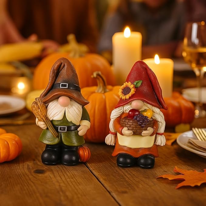 iStatue Thanksgiving Decorations Fall Gnome Figurines – 2 Pack Resin Harvest Figurines with Pumpkins, Wheat & Basket, Autumn Home Décor Accents for Table, Mantel, Shelf (Brown)