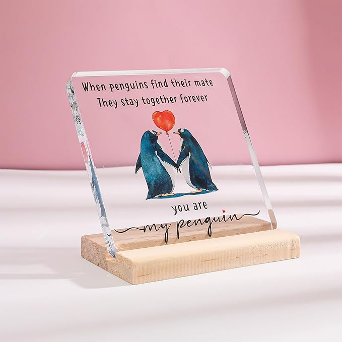 Valentines Day Gift for Her Him - Wedding Anniversary Acrylic Plaque Keepsake - Penguin Romantic I Love You Gifts for Couple Wife Husband Girlfriend Boyfriend Fiancee (Penguin)