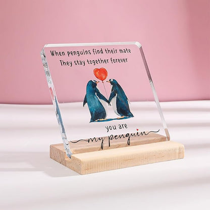 Valentines Day Gift for Her Him - Wedding Anniversary Acrylic Plaque Keepsake - Penguin Romantic I Love You Gifts for Couple Wife Husband Girlfriend Boyfriend Fiancee (Penguin)