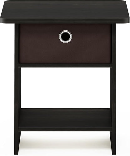 Furinno DARIO Side Table, Square End Table with Storage Bin, Round Corner Night Stand, Bedside Table with Open Back Shelf, for Living Room, Bedroom, Espresso