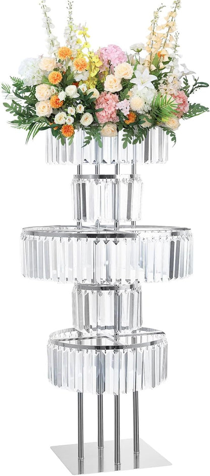 5-Tier Crystal Vase for Table Centerpiece, Large Wedding Decor Flower Stand, Metal Chandelier Stand with Crystal Pendants, Elegant Flower Display Rack for Party Event Home Wedding Decoration (Silver)
