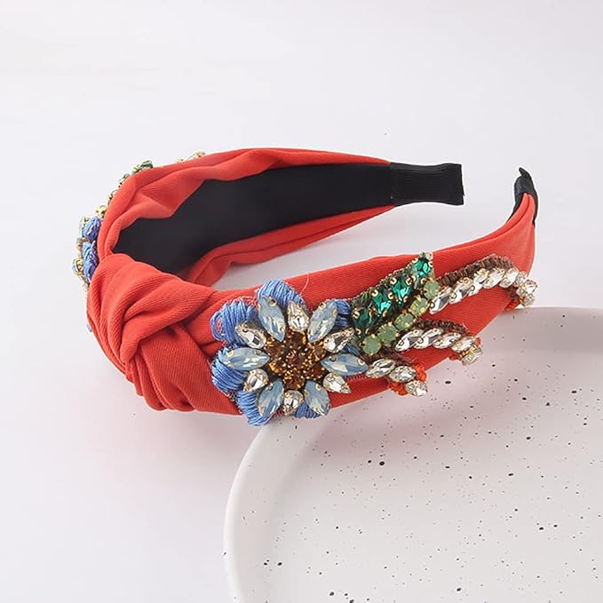 Yusier Baroque Rhinestone Crystal Embroidered Headbands for Women - Exquisite Hair Accessories with Hair Hoop in Variety of Colors (Orange)