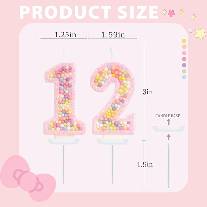 Birthday Candles - Number 12 Candle, Colorful Macaron Candles, 12 Birthday Decorations for Girl, Sweet Cake Decorations, Sweet Theme Party Supplies (Pink)