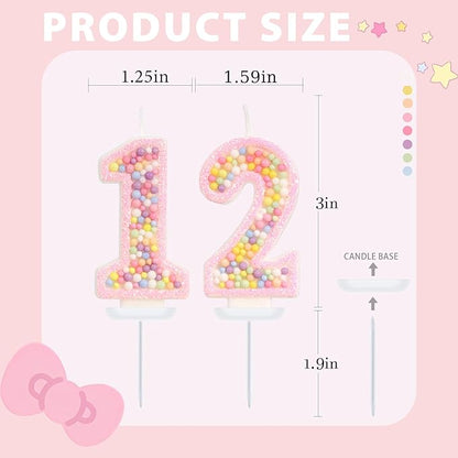 Birthday Candles - Number 12 Candle, Colorful Macaron Candles, 12 Birthday Decorations for Girl, Sweet Cake Decorations, Sweet Theme Party Supplies (Pink)
