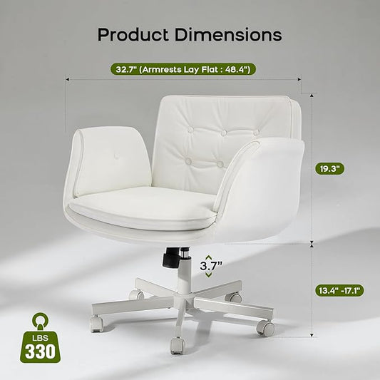 Criss Cross Chair with Armrests & Wheels, PU Leather Vanity Chair, Comfortable Adjustable Swivel Computer Office Desk Chairs for Home, Make Up, Bed Room (White)