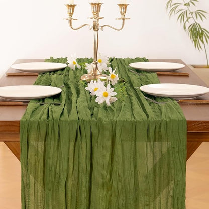 Socomi 10pcs Moss Green Fall Thanksgiving Cheesecloth Table Runner Boho Rustic Gauze 120 inch 10FT Cheese Cloth Runner for Wedding Party Baby Shower Birthday Home Decor Holiday Decorations