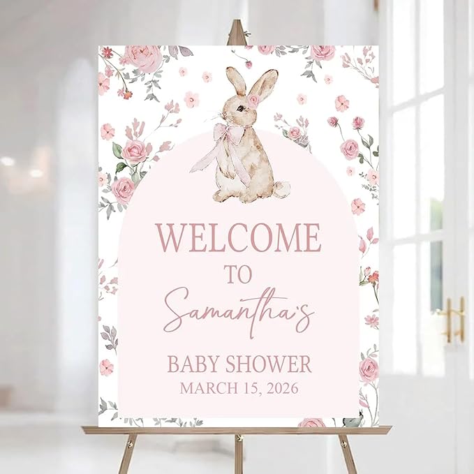 Personalized Bunny Rabbit Baby Shower Welcome Sign for Girl, Pink Peter Rabbit Theme, Greenery Bunny baby shower sign, Gift for Boys & Girls, Gender Reveal Decor, Birthday Party Favors (Style 16)