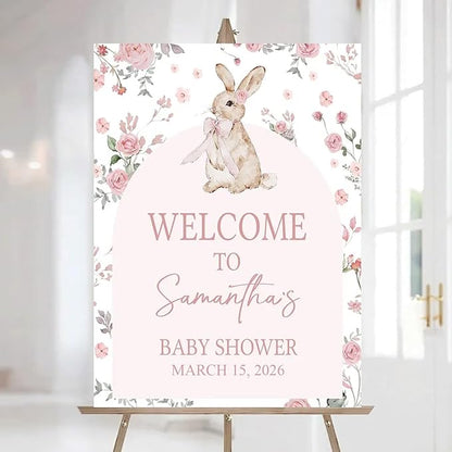 Personalized Bunny Rabbit Baby Shower Welcome Sign for Girl, Pink Peter Rabbit Theme, Greenery Bunny baby shower sign, Gift for Boys & Girls, Gender Reveal Decor, Birthday Party Favors (Style 16)