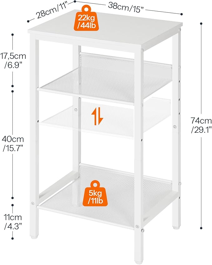 HOOBRO Tall Side Table, 3-Tier Telephone End Table with Adjustable Mesh Shelves, Small Entryway Table with Storage, Small Nightstand for Living Room, Bedroom, Hallway, Office, White WW01DH01G1
