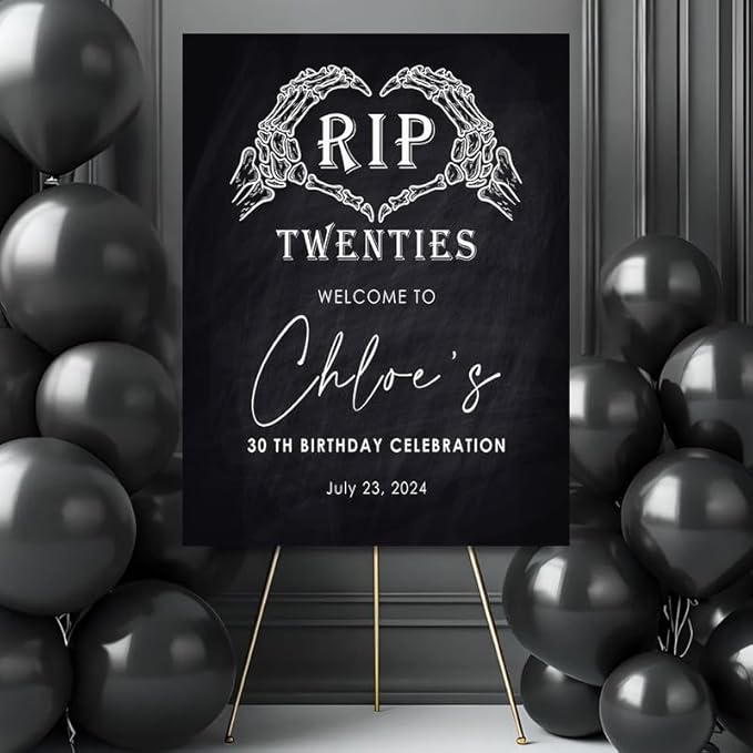 RIP Twenties 30th Birthday Welcome Sign, Personalized Funeral For My Youth Custom Celebration Sign, Chalkboard Skeleton Hands Decor.