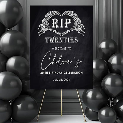 RIP Twenties 30th Birthday Welcome Sign, Personalized Funeral For My Youth Custom Celebration Sign, Chalkboard Skeleton Hands Decor.