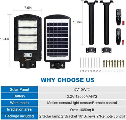 2 Pack Solar Street Light Outdoor,200w 6000LM Solar Motion Flood Lights IP66 Waterproof Dusk to Dawn Led Remote Control for Garden,Paking Lot,Pole,Barn,Wall Lighting