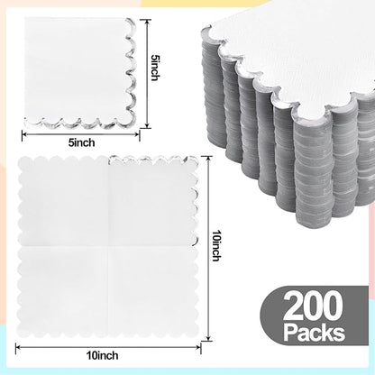 200 Pack White and Silver Paper Napkins Scalloped Cocktail Napkins White Disposable Beverage Napkins for Birthday Baby Shower Wedding Party Supplies Dinnerware Tableware Decorations