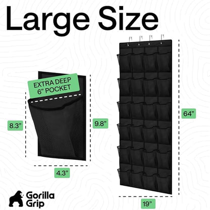 GORILLA GRIP Over the Door Shoe Organizer, 24 Extra Large Breathable Mesh Pockets, Space Saving Hanging Storage Holder, 4 Hook Closet Rack Hanger, Hangs on Closets for Shoes and Accessories, Black