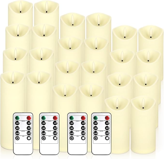 24 Packs of flameless LED Pillar Candles with Remote Control timers and Flashing Battery Operation for Halloween, Christmas and Wedding Home Decoration