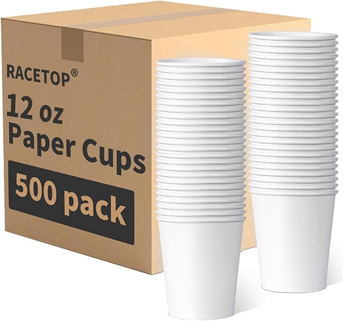 RACETOP [500 pack] Disposable Coffee Cups 12 oz, Paper Cups 12 oz, Hot Cups, Ideal for Hot Drinks, Coffee(white)