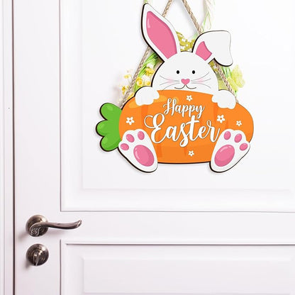 Kercan Wooden Easter Decor Rabbit Door Wreath for Front Door Sign Wall Spring Signs, Bunny Sign Welcome Hanging for Home Wall Decor Party Indoor Decoration, 10.6x11.4Inches