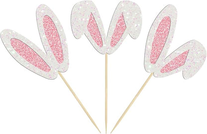 24Pcs Glitter Bunny Ears Cupcake Toppers Easter Rabbit Theme Happy Birthday Cupcake Picks for Bunny Happy Easter Baby Shower Birthday Spring Easter Party Cake Decorations
