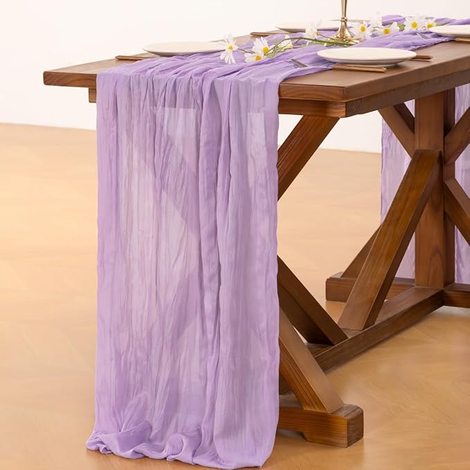 Socomi 3pcs Lilac Purple Lavender Cheesecloth Table Runner Fall Thanksgiving Boho Rustic Gauze 120 inch 10FT Cheese Cloth Runner for Wedding Party Baby Shower Birthday Home Decor Holiday Decorations