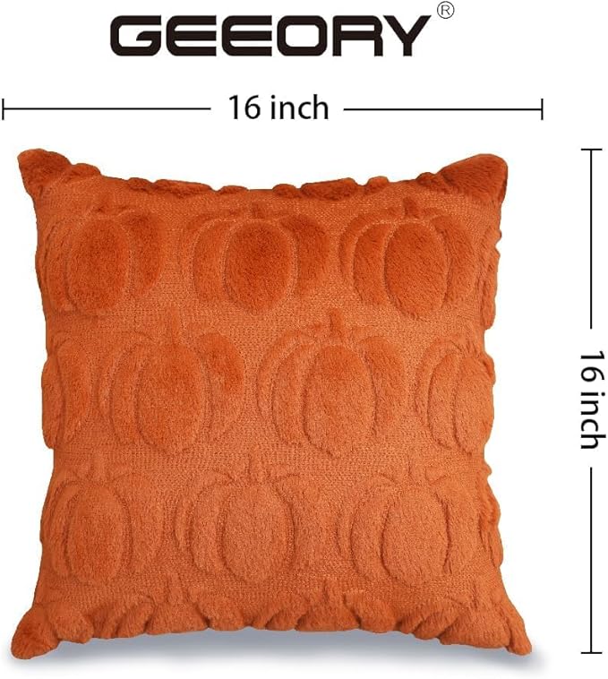 GEEORY Fall Pumpkins Soft Plush Pillow Covers, 16 x 16 Inch Set of 2, Fluffy Faux Fur Wool Decorative Farmhouse Cushion Case for Sofa Home Decoration Rust Pumpkin GC019-16