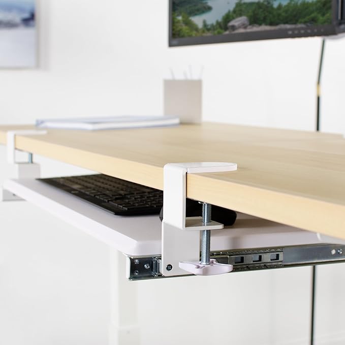 VIVO Clamp-on Computer Keyboard and Mouse Under Desk Mount Slider Tray, 69cm (84 Including Clamps) x 28cm Pull Out Platform Drawer, White, MOUNT-KB05W