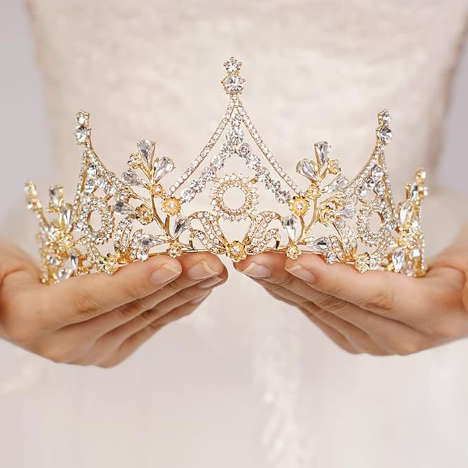 Wekicici Baroque Queen Crown Gold Crystal Tiara Rhinestone Princess Wedding Headband for Women Birthday Pageant Party(Gold)