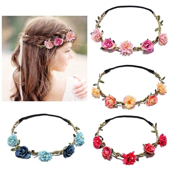 Women Headpieces Collection Accessories - 4PCS Boho Hair Wreaths, Flower Crowns, Tiaras for, Brides, Bridesmaids, Flower Girls, Weddings (A001-4PC)