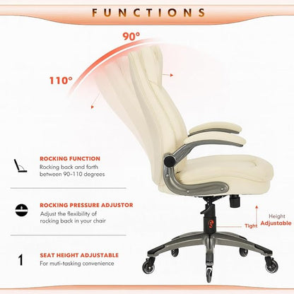 COLAMY Ergonomic High Back Office Chair, Ivory Bonded Leather Executive Desk Chair with Flip-up Arms, Thick Cushion, Silent Nylon Wheels, Adjustable Height & Rocking Function, 300lbs Capacity