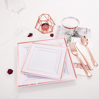WDF 300 Pieces Rose Gold Plastic Silverware- Disposable Flatware Set - Heavy Duty Plastic Cutlery Includes 100 Forks, 100 Spoons, 100 Knives Perfect for Wedding, Party