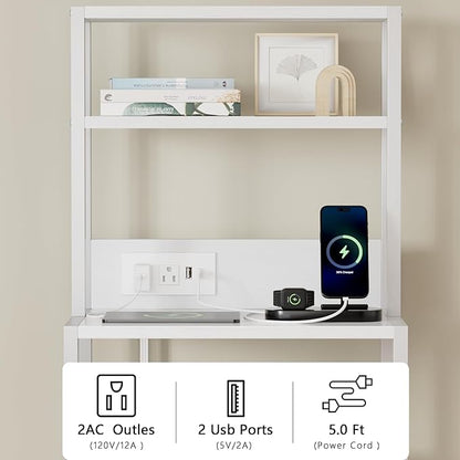 Furnulem Night Stand, Tall White Nightstand with 4-Tier Shelves, 2 PU Fabric Drawers and Light Tube, Bed Side Tables with Charging Station, Bedside Table for Bedroom